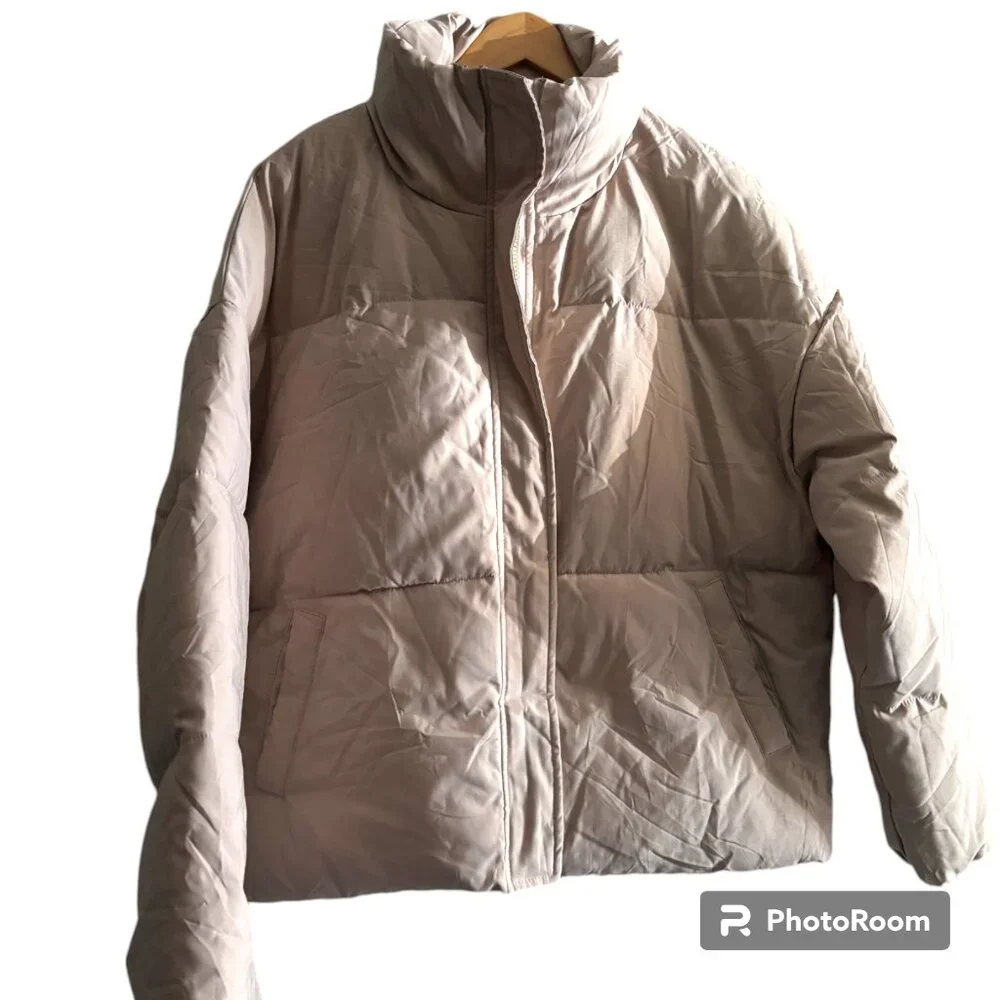 MEROKEETY Womens Winter Long Sleeve Zip Puffer Baggy Short Down Coat S Beige NWT